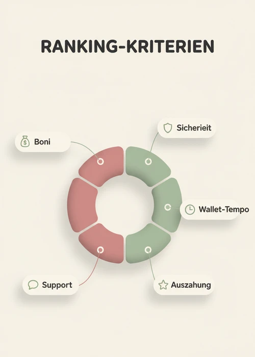 Ranking-Kriterien der Top 10 Muchbetter-Casinos: Sicherheit, Wallet-Tempo, Boni, Auszahlung und Support.