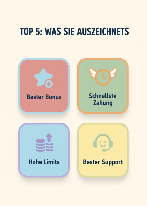 Was die Top 5 Muchbetter-Casinos auszeichnet: bester Bonus, schnellste Zahlung, hohe Limits und bester Support.